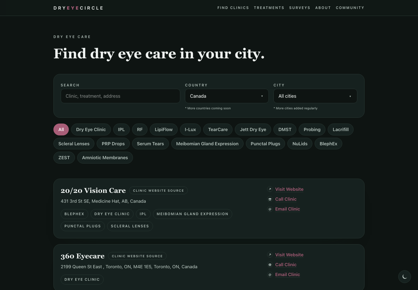 DryEyeCircle clinic directory with location and treatment filters