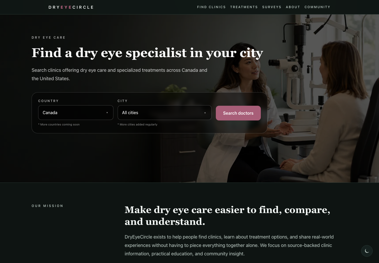 DryEyeCircle homepage with clinic search and the platform mission