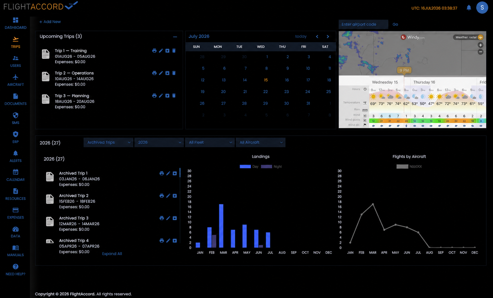 Sanitized Flight Accord trips dashboard showing operational planning, weather, calendar, expenses, and flight activity